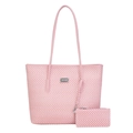 Pink and white woven tote bag set with matching inner pouch and faux leather trim - Pink