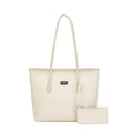 Beige two-piece tote bag set with herringbone texture and matching pouch wallet - Off White