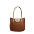 Bolso tote chic en dos tonos marrón y beige con acabado de cuero y logotipo dorado - Marrón