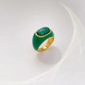 Detailed macro view of vintage gold-plated titanium ring with green enamel and malachite inlay - US 6 / Green Enamel Turquoise