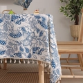 Linen cotton tablecloth with blue hippo print and cream tassels for dining tables - 60*60cm / Miss Goat