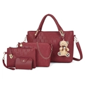 Conjunto de bolsos burdeos de 4 piezas con relieve, herrajes dorados y oso de peluche - Rojo