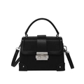 Black woven texture mini box bag with silver hardware and detachable crossbody strap - Black