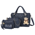 Dark blue 4-piece handbag set featuring embossed PU leather and a cute teddy bear charm - Blue