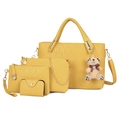 Bright yellow 4-piece handbag set with chain embossing and cute bear charm decoration - Yellow