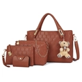 Brown 4-piece tote bag set with embossed chain pattern and plush bear charm - Brown
