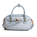 Sac bowling bleu clair tissé avec sangle vintage en cuir et boucle dorée - Bleu