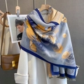 Vintage lotus imitation cashmere scarf with blue floral patterns and tassel fringe edge - One Size / Blue Floral Print (YH-29)