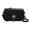 Fashionable black woven crossbody saddle bag with silver twist lock and metal pendant - Black