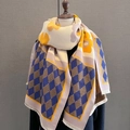 Sciarpa in cashmere alla moda con fiori gialli e motivi a rombi blu per l'inverno - Blu Navy Giallo