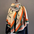 Elegante sciarpa beige e arancione con motivo a catena e frange, stile vintage francese - Beige Arancione