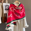 Detail of red and green cashmere shawl with vintage horsebit chain patterns and tassels - Rose Red