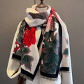 Vintage floral cashmere scarf with red flowers and fringe on a white coat display - 180cmx60cm / Beige Red