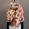 Thick cashmere-like scarf with cute cartoon cat patterns and stylish fringe edges - Nude Pink