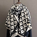 Women's black and white V-pattern cashmere-like scarf with fringe details for winter warmth - Beige-Black