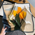 Elegant silk scarf with yellow tulips and blue border on a minimalist background - 53cm x 53cm / Blue/Tulip Print