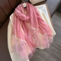 Detail of pink silk scarf featuring butterfly embroidery, pearls and shiny stripes - Pink