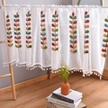 Semi-sheer white cafe curtain with embroidered leaf patterns and pom-pom trim - 150*60cm / Multicolor Leaves