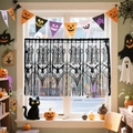 Halloween Fensterbehang aus schwarzer Spitze mit Fledermaus- und Totenkopfmuster Deko - Kaffee-Vorhang mit Totenkopf