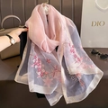 Light pink faux silk wool scarf with floral embroidery and golden shimmering edges - Pink