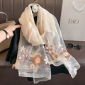 Elegant beige silk wool embroidered scarf with floral patterns for autumn and winter wear - Beige