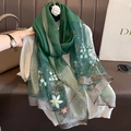 Elegant dark green wool silk shawl with floral embroidery and silver glitter edges - Green