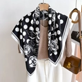 Close-up of elegant black silk scarf with white polka dots and floral rose pattern - 90x90cm / Black White Polka Dot Floral (XW-141-Black)