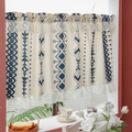 Beige lace cafe curtain with blue geometric ethnic pattern and ruffle trim - Geometric Rhombus/Totem / 76*60cm