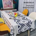 Bohemian rectangle cotton linen tablecloth with blue geometric patterns and tassels - 140*240 / Sunflower Triangle