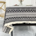 Linen table runner featuring black and white geometric patterns and fringed tassel edges - 140*240 / Striped Geometric