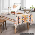 Bohemian cotton linen tablecloth with yellow-blue geometric patterns and white tassels - 140*240 / Yellow-Blue Plaid