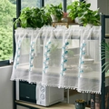 White semi-sheer kitchen curtain with blue leaf embroidery and pom-pom tassel trim - Large / Blue White