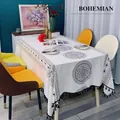 Bohemian linen tablecloth with black mandala pattern and decorative edge tassels - Black Circle