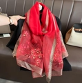 Elegant red silk wool scarf with floral embroidery and gold thread edges for women - Red / 80*190cm