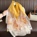 Detail of silk wool scarf showing yellow and beige stitching with floral embroidery - Yellow / 80*190cm