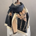 Detail of floral shawl with beige and black panels and soft tassel edges - Black