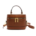 Retro brown textured leather box bag with gold double zippers and top handle style - Brown