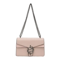 Pink faux snakeskin crossbody bag with silver snake buckle and metal chain strap - Pink