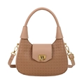 Geflochtene Beuteltasche mit goldenem Drehverschluss und Schulterriemen in Beige - Khaki