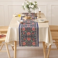 Camino de mesa bohemio con bordes azules y motivos florales rojos detallados - 35*120cm / Floral Azul Oscuro