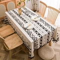 Bohemian rectangle cotton linen tablecloth with black geometric patterns and fringe - Great Wall Pattern