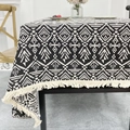 Bohemian black and white geometric cotton linen tablecloth with cream fringe tassels - Arrow