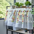 White semi-sheer kitchen curtain with colorful embroidered leaves and pom-pom trim edge - 150*60cm / Red Yellow Green Three Color Leaf
