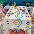 Bohemian linen tablecloth with colorful diamond patterns and elegant white fringe trim - Multicolor Geometric