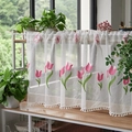 Short white cafe curtain with embroidered pink tulips and decorative pom-pom trim - Pink Tulip