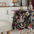 Round floral tablecloth with red flowers and white tassels in vintage American style - 132*132 / Black Floral