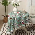 Retro teal round tablecloth with hibiscus and hummingbird prints and white tassel trim - 132*132 / Greenwood Forest