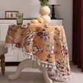 Vintage round tablecloth with bird floral patterns and elegant white fringe tassels - 132*178 / Sunset Forest