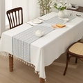 White jacquard tablecloth with blue geometric lattice pattern and elegant tassel edges - Gray