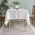 French jacquard lace tablecloth with damask pattern and elegant fringe tassels - 140*220cm / White